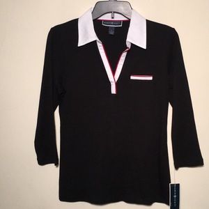 Karen Scott 3/4 Sleeve Polo, navy, white & red